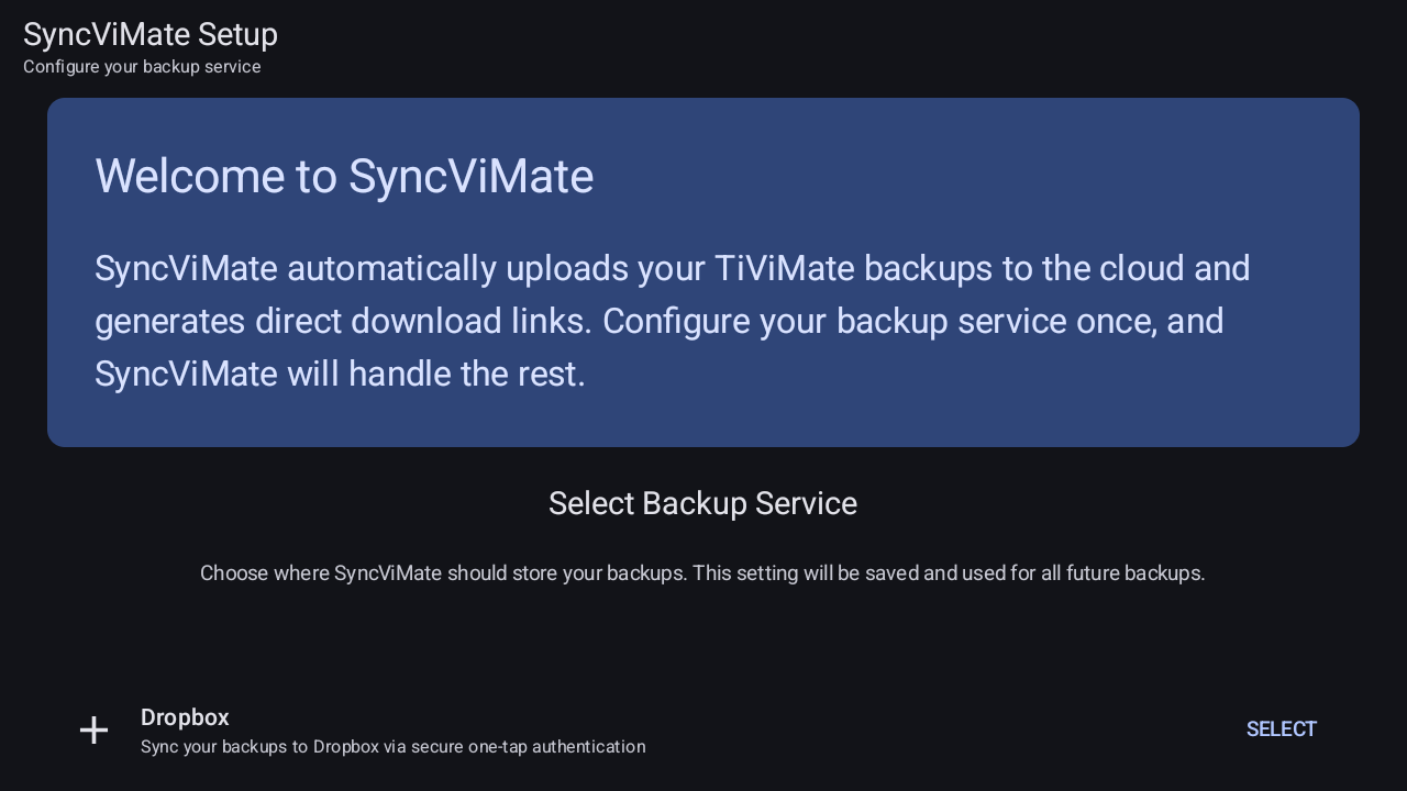 Welcome - Select Backup Service